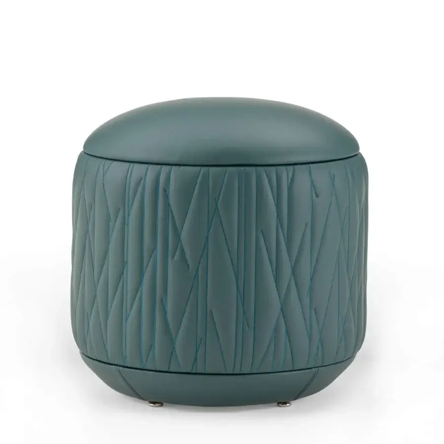 Distinguished Turri Roma ottoman showcases geometric embroidery in muted teal leather-like material with a matte finish