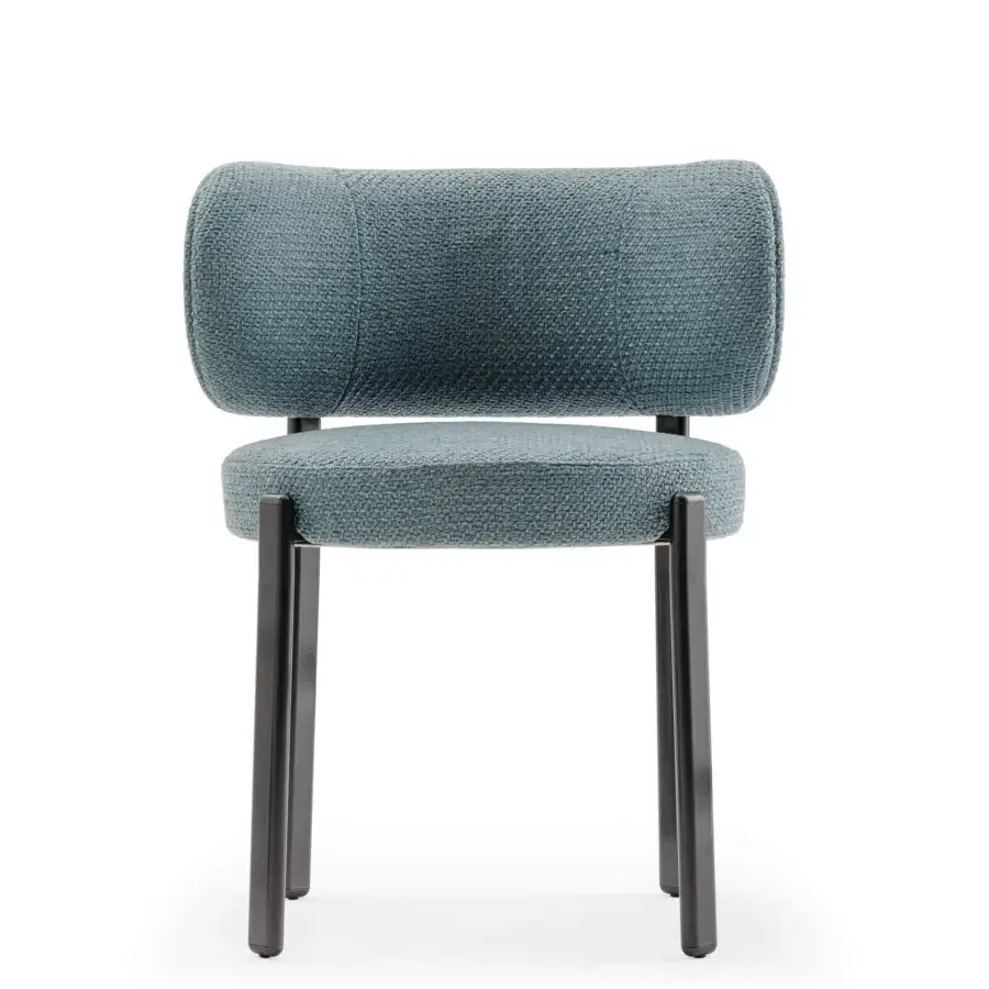 Exclusive Turri Roma chair with a rounded backrest in textured teal textile and refined dark metal legs
