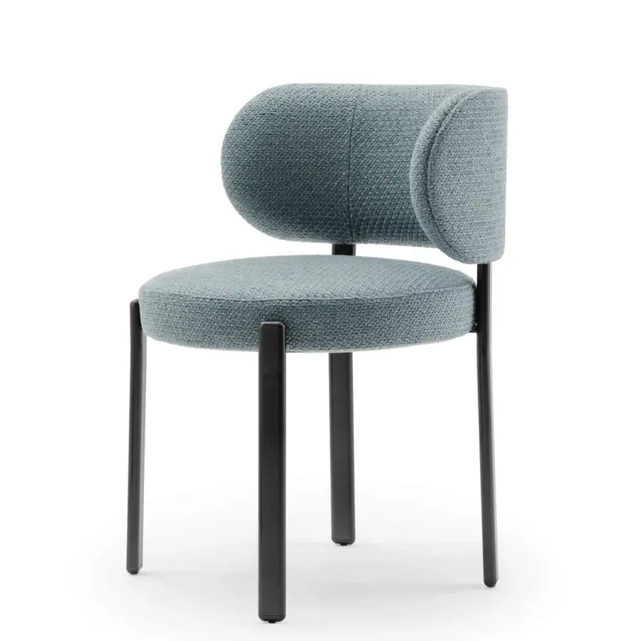 Distinctive Turri Roma chair with rounded textile upholstery and dark matte metal legs crafted in Italy