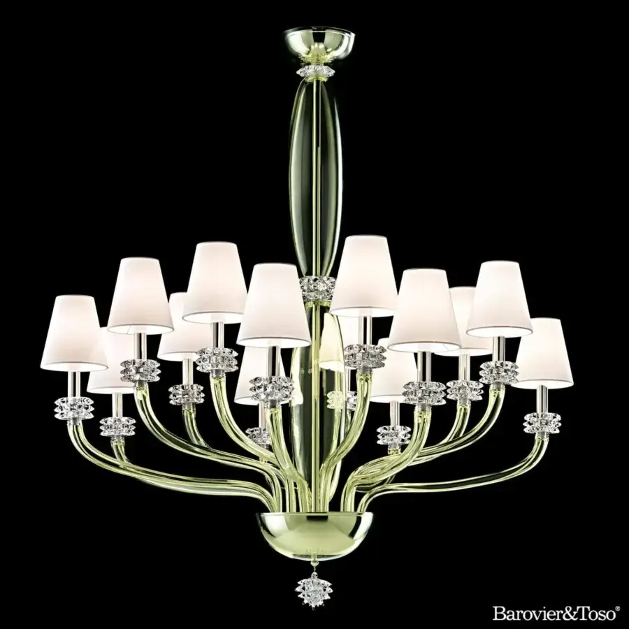 Distinguished Barovier&Toso Rotterdam chandelier crafted with upward-curving arms in pale green-yellow Murano glass and crystal details