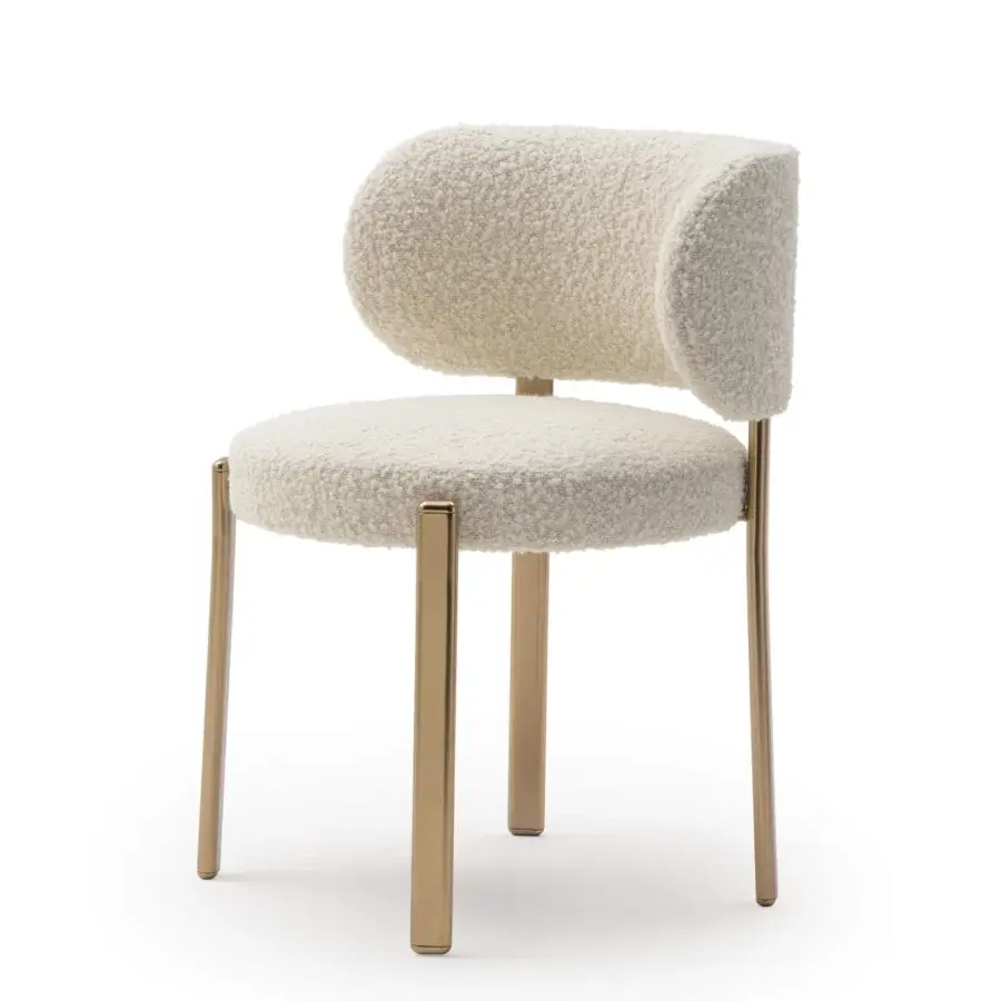 Lavish Turri Roma chair with a rounded backrest upholstered in off-white textile and brassy gold metal legs