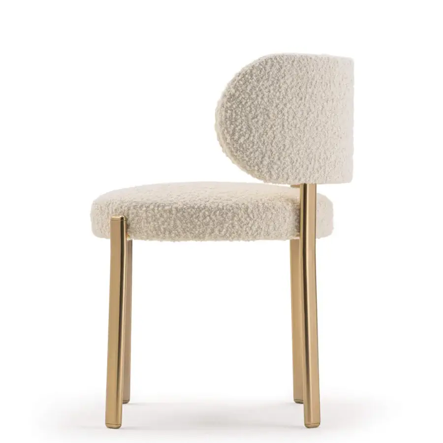 Elegant Turri Roma chair with a semi-circular backrest upholstered in light nubby fabric and glossy golden metal legs