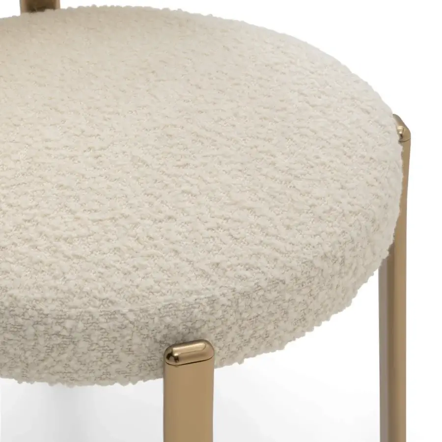 Exceptional Turri Roma chair with rounded form upholstered in light cream boucle fabric and gold tone metal legs