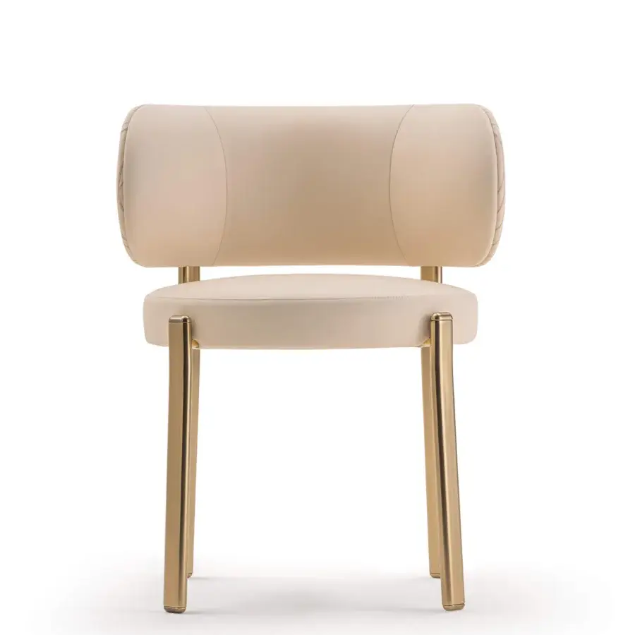 Superior Turri Roma chair with rounded backrest and light cream textile upholstery with glossy metal legs