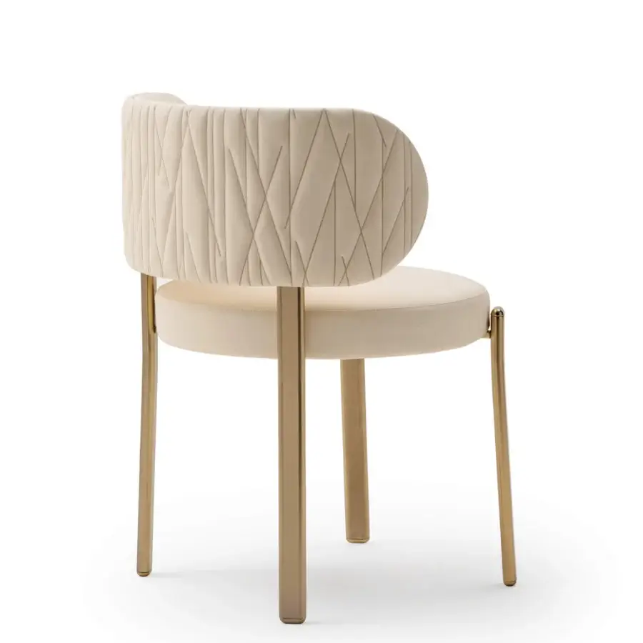 Superior Turri Roma chair with quilted backrest and golden finished metal legs in light cream textile upholstery
