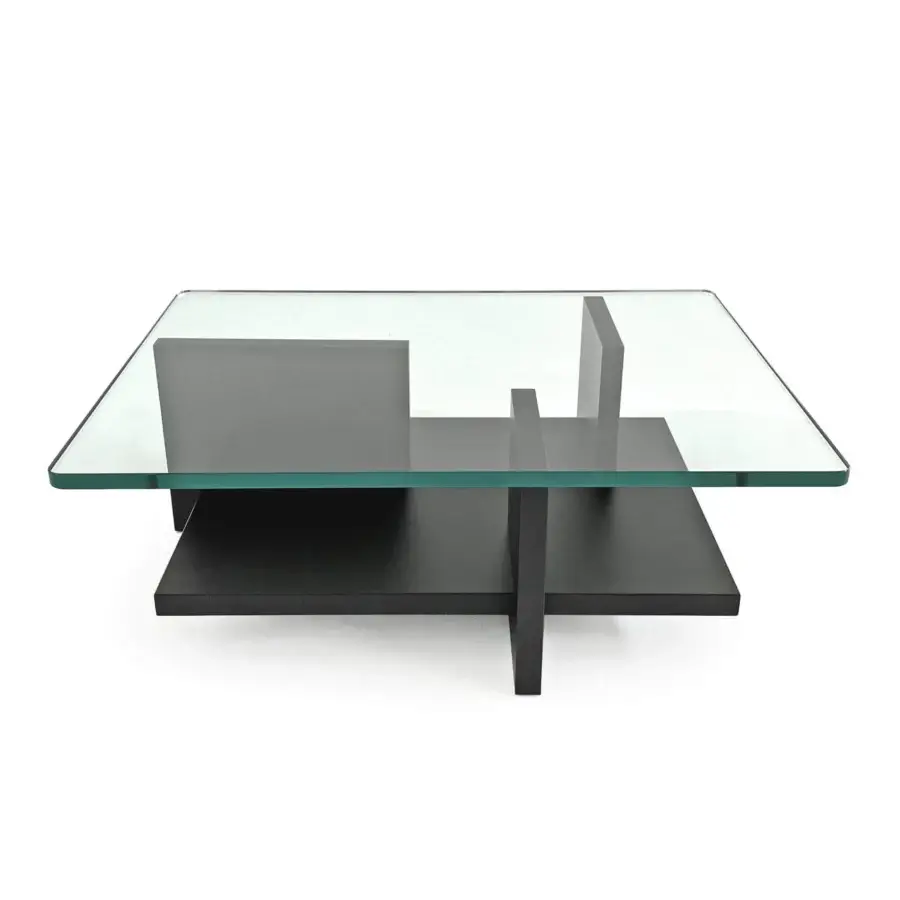 Elegant Moroso Theo coffee table in matt lacquered MDF with a refined float glass top and dark-toned base