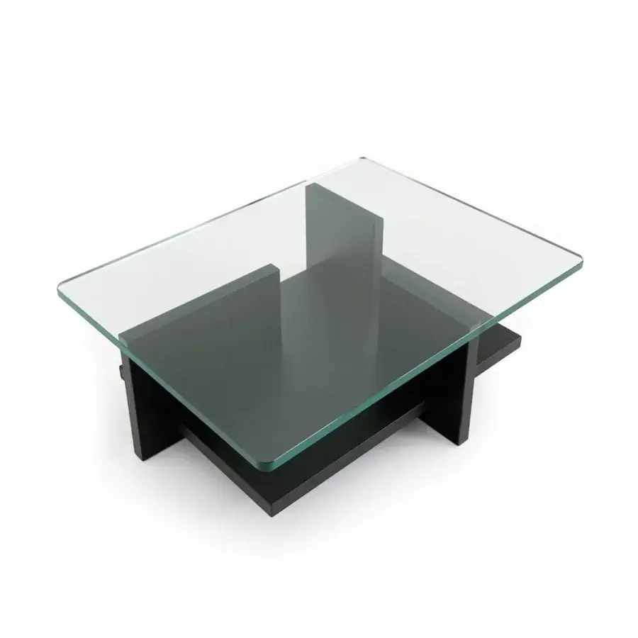Exclusive Moroso Theo coffee table with a float glass top and dark matt lacquered MDF structure inspired by neoplasticism principles