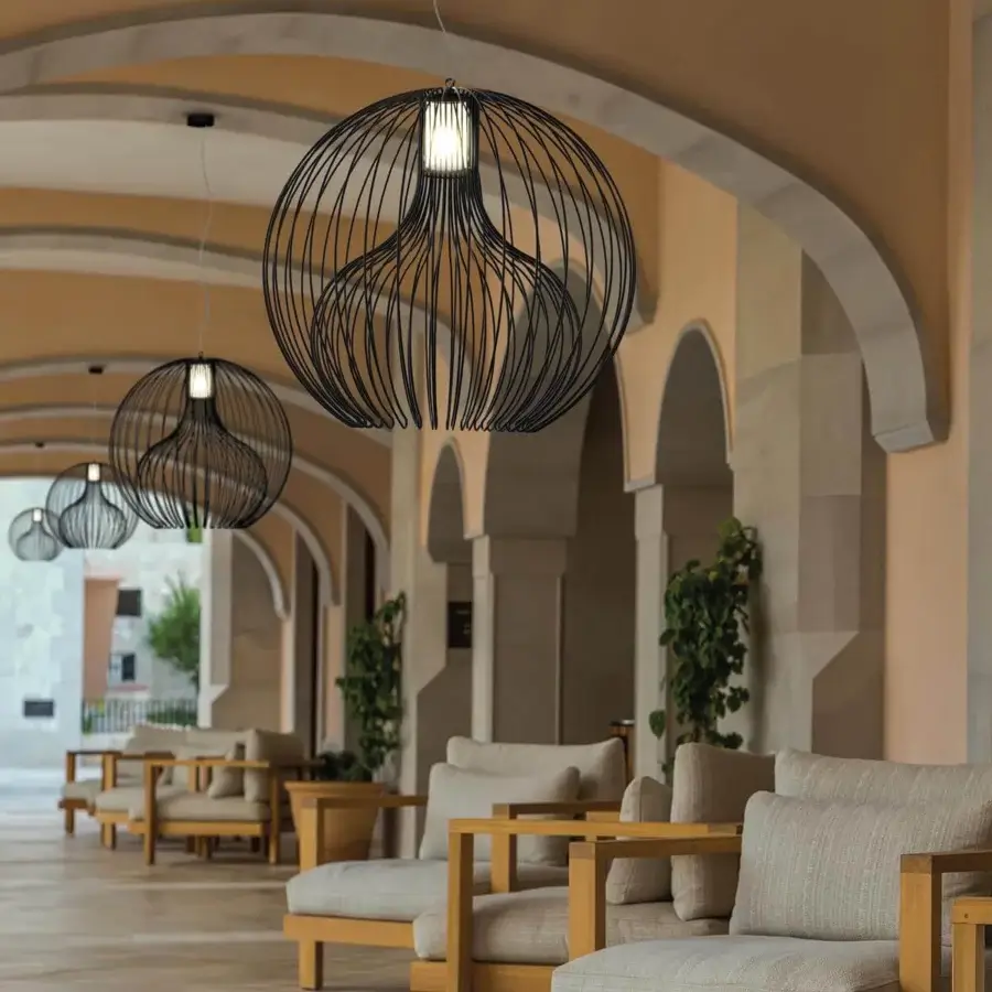 Superior Modo Luce Icaro Ball outdoor suspension lamp with painted steel wire in black matte finish and cage-like structure