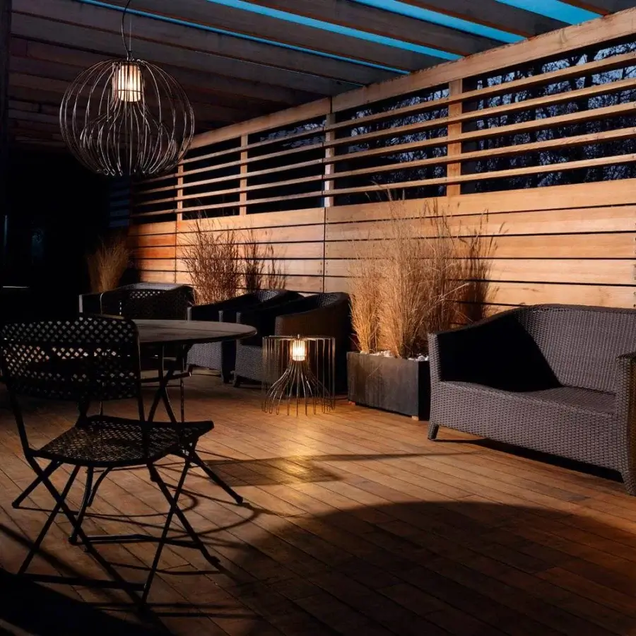 Exceptional Modo Luce Icaro Ball outdoor suspension lamp with a spherical painted steel wire body and matte black finish