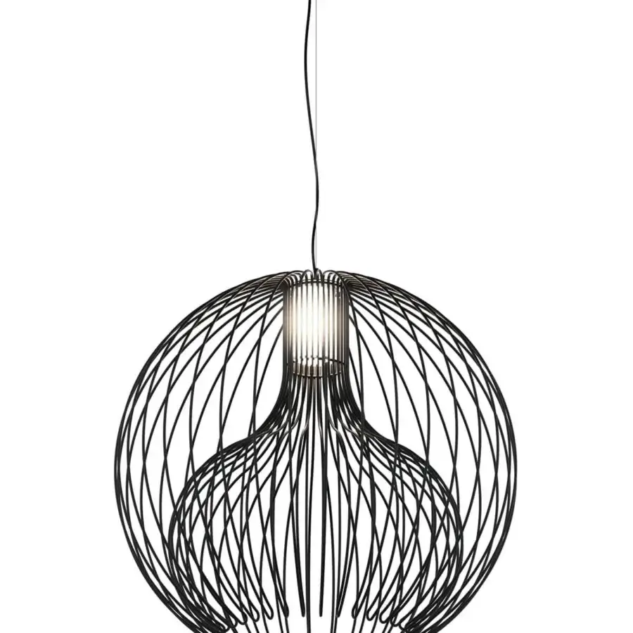 Captivating Modo Luce Icaro Ball outdoor suspension lamp crafted with painted steel wire in black matte finish and openwork design
