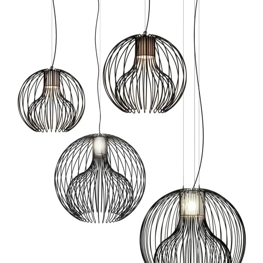 Distinguished Modo Luce Icaro Ball outdoor suspension lamp with a spherical cage body crafted in painted steel wire and matte black finish