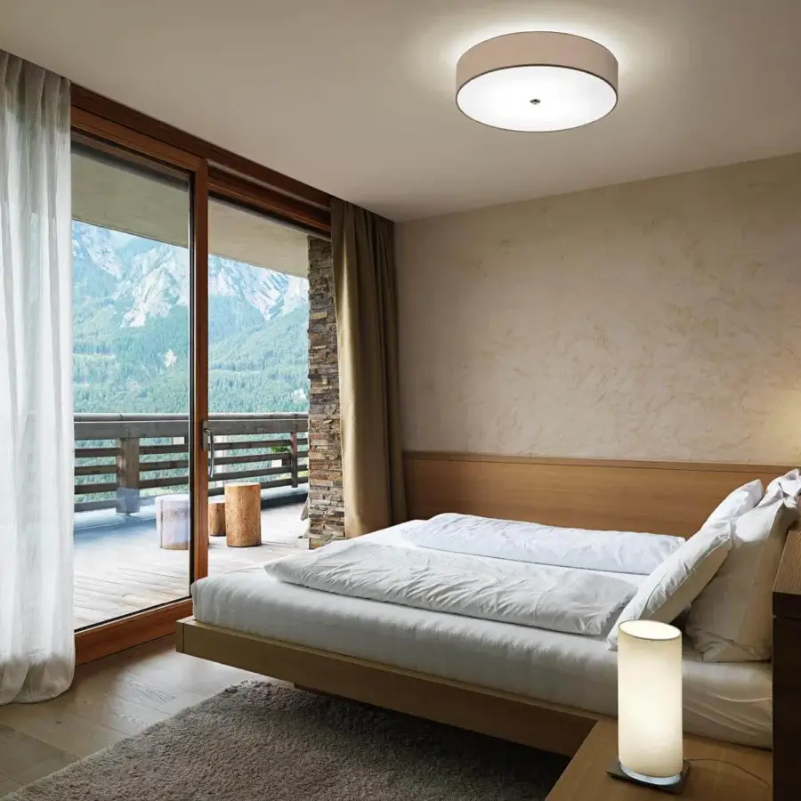 Exceptional Modo Luce Discovolante ceiling lamp in light beige textile with smooth matte finish