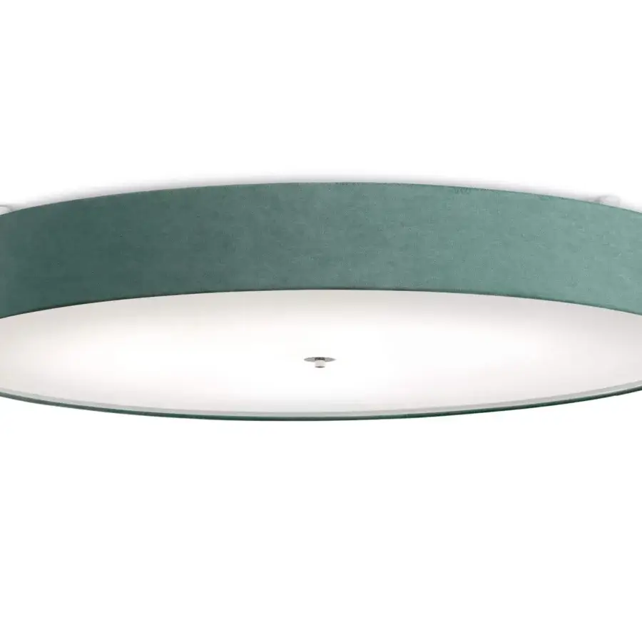 Harmonious Modo Luce Discovolante ceiling lamp crafted in Italy with uniform teal fabric and bright white glossy interior diffuser