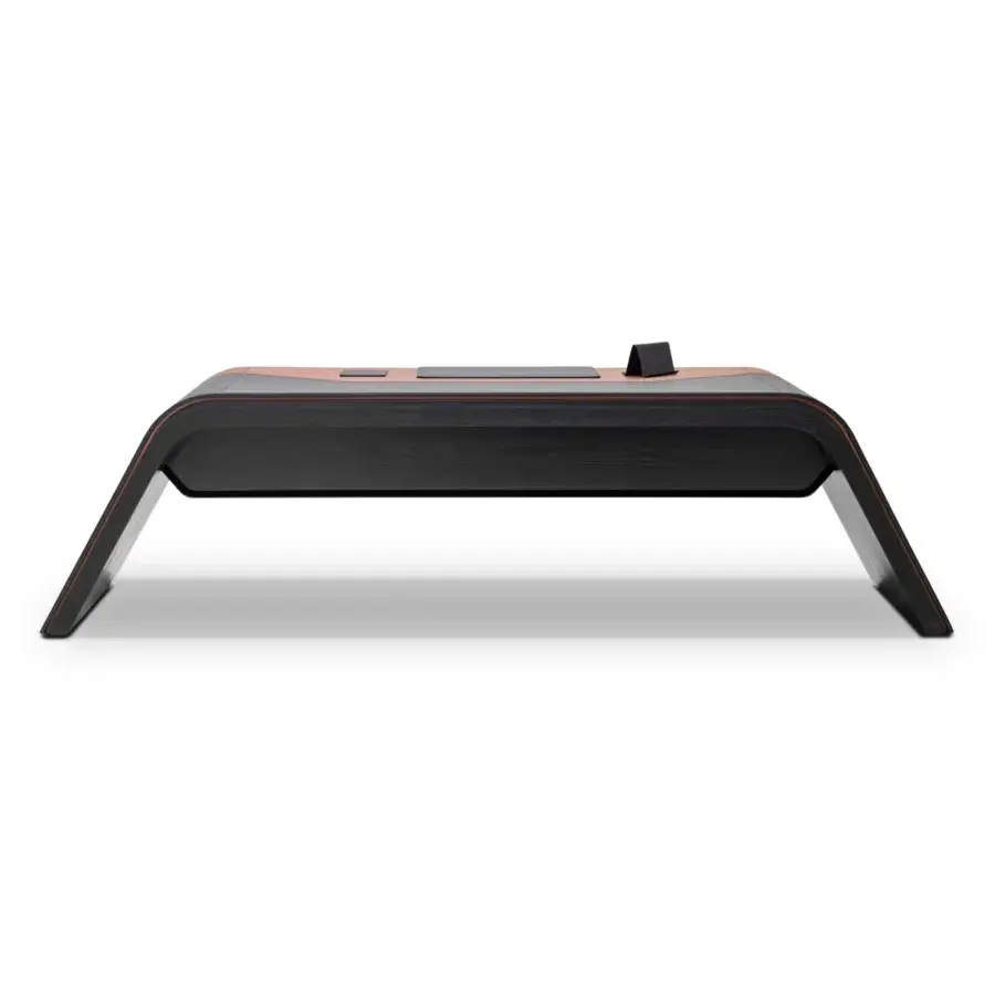 Superior WAYNE Enterprises WE-024 desk crafted in light brown leather with undertop lacquer and dark stained wood trim