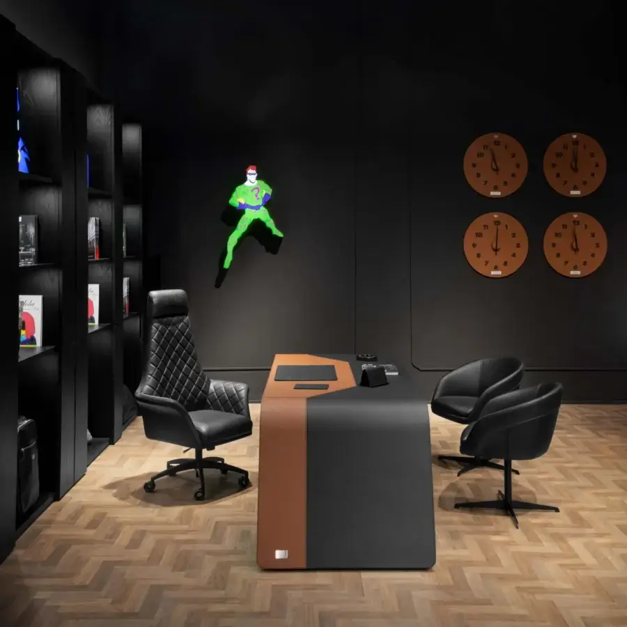 Captivating Wayne Enterprises WE-024 desk upholstered in black leather with wood veneer undertop and matte finish