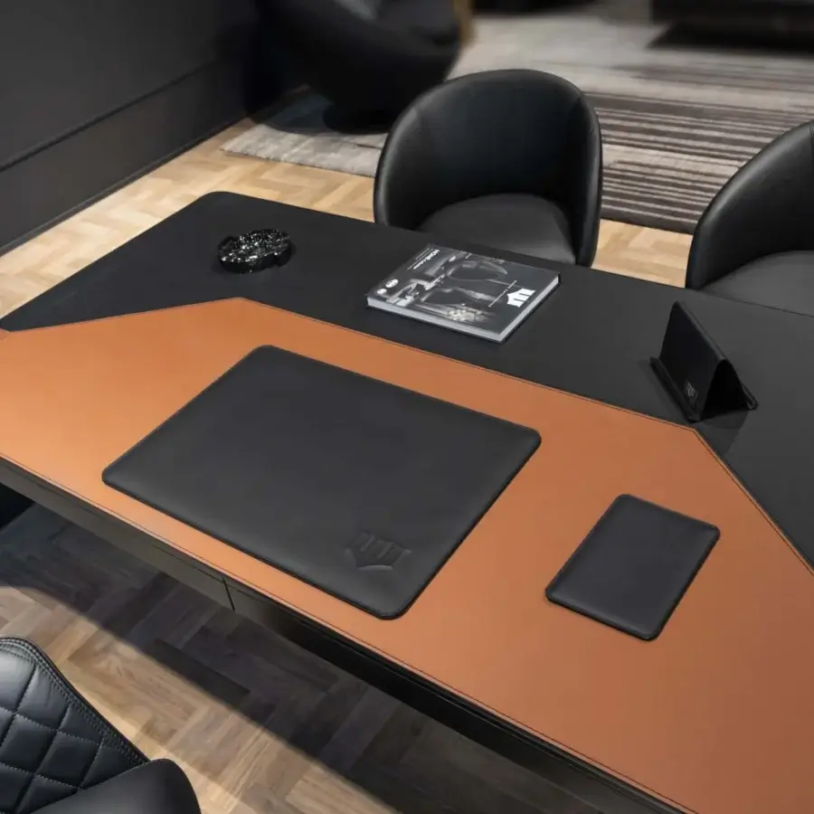 Distinguished WAYNE Enterprises WE-024 desk crafted in tan and black leather with lacquered undertop and wood veneer parts