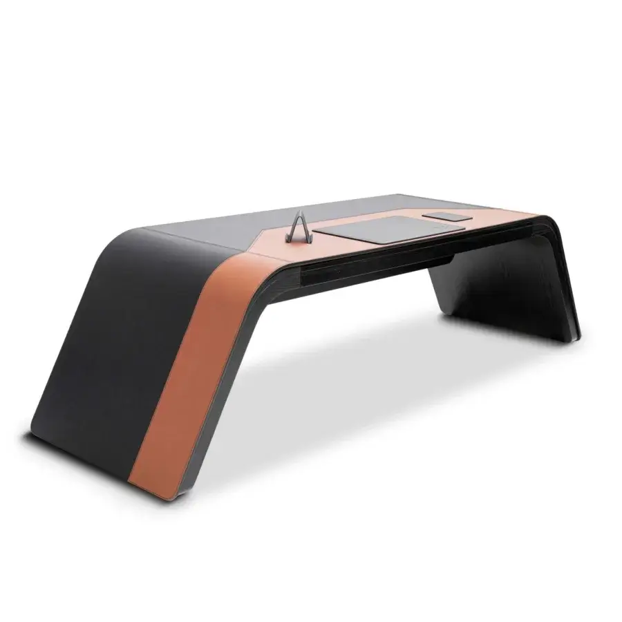 Superior WAYNE Enterprises WE-024 desk with lacquered and wood veneer internal parts upholstered in black leather with tan accents and matte finish