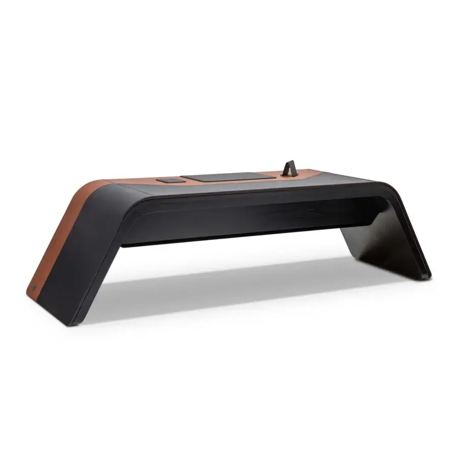Distinguished WAYNE Enterprises WE-024 desk with brown leather upholstery and dark matte wood veneer undertop reflecting iconic design