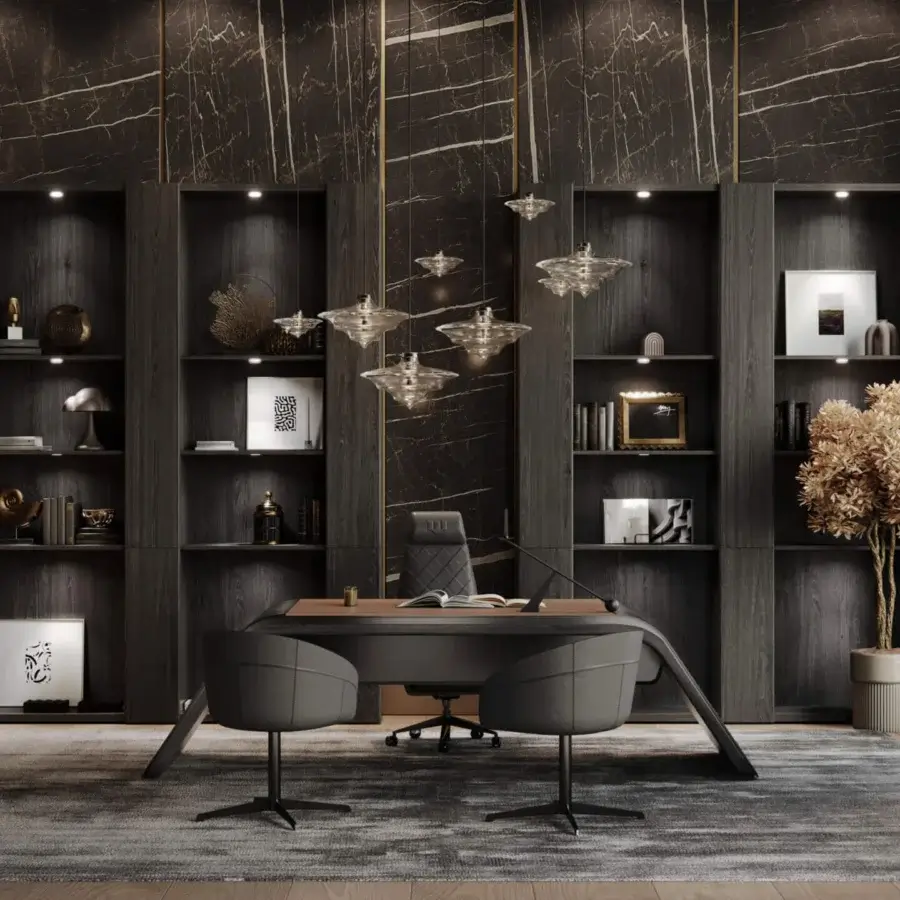 Distinctive WAYNE Enterprises WE-024 desk with dark gray leather upholstery, geometric silhouette and lacquered undertop surface