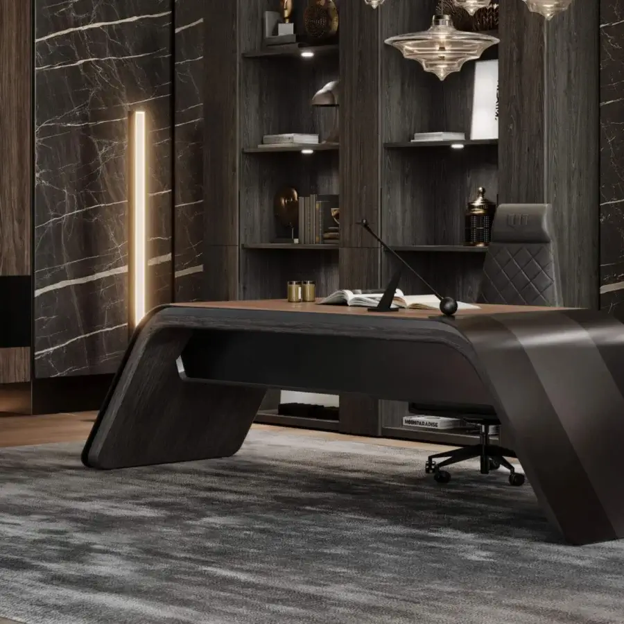 Superior Wayne Enterprises WE-024 desk in wood veneer with dark brown coloring and lacquered undertop, built with upholstered leather legs