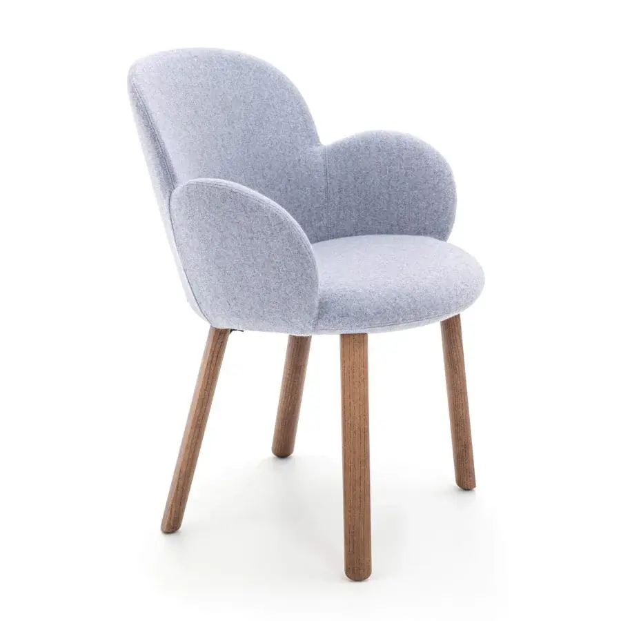 Refined Moroso Tulp armchair with welcoming lines in light gray textile upholstery and FSC Certified ash wood legs built with a steel frame