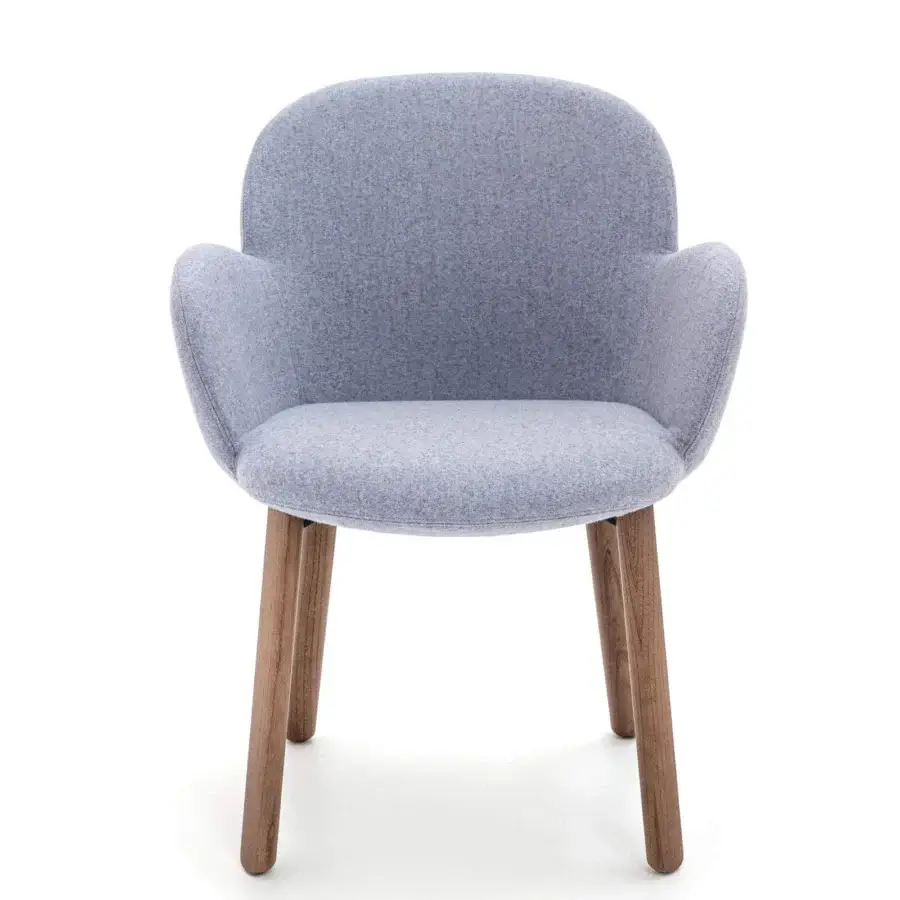 Distinguished Moroso Tulp armchair with soft lines upholstered in light gray woven fabric and FSC Certified ash wood legs