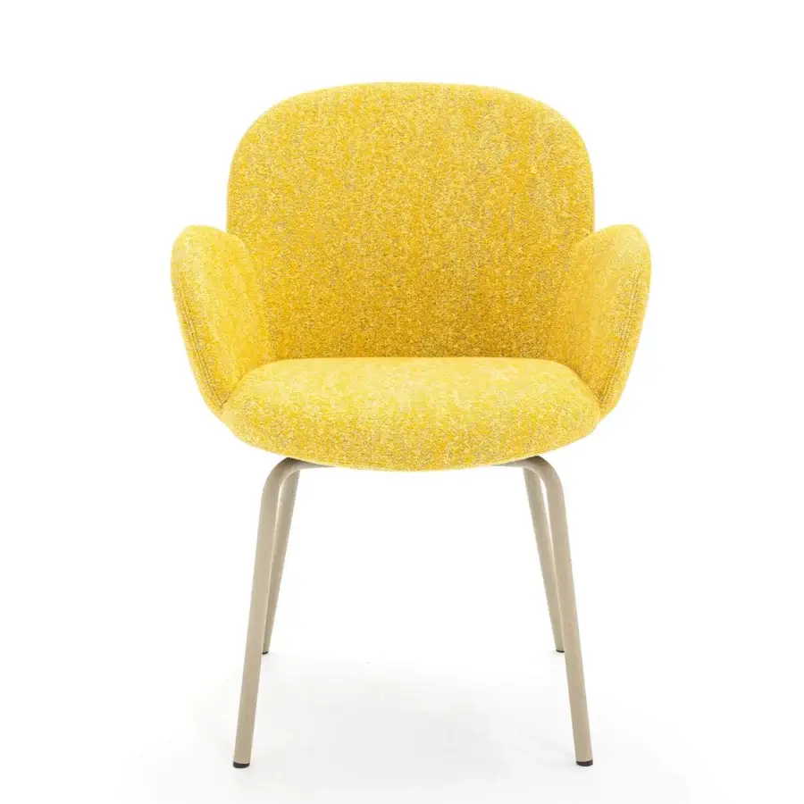Exceptional Moroso Tulp armchair with soft lines upholstered in textured yellow and gold textile with a matte light tan steel base
