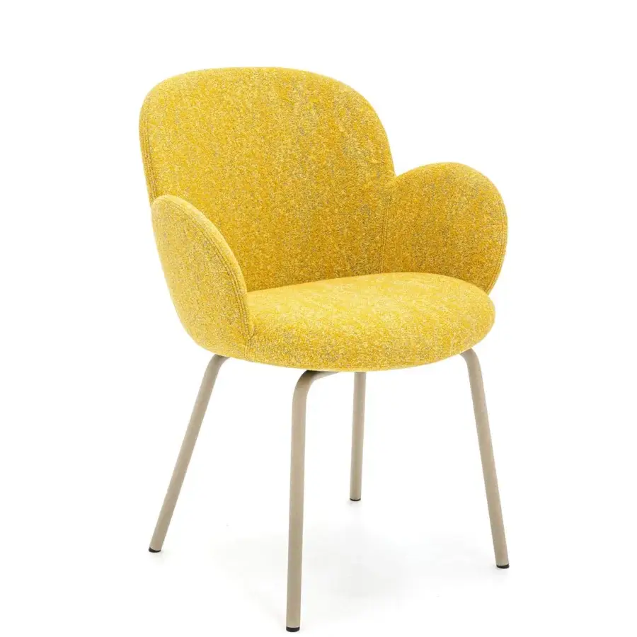 Superior Moroso Tulp armchair with soft lines upholstered in textured yellow textile and matte painted steel legs
