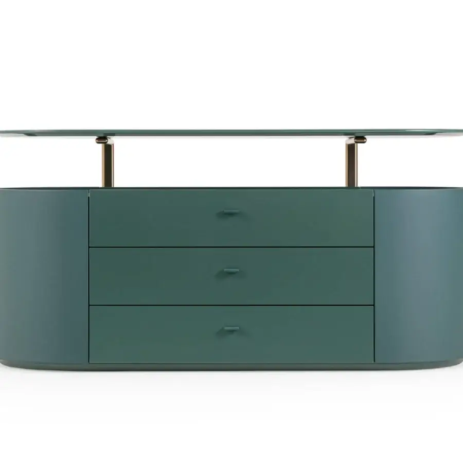 Superior Turri Roma dresser with dark green lacquered silhouette, golden metal supports and tiered shelf construction