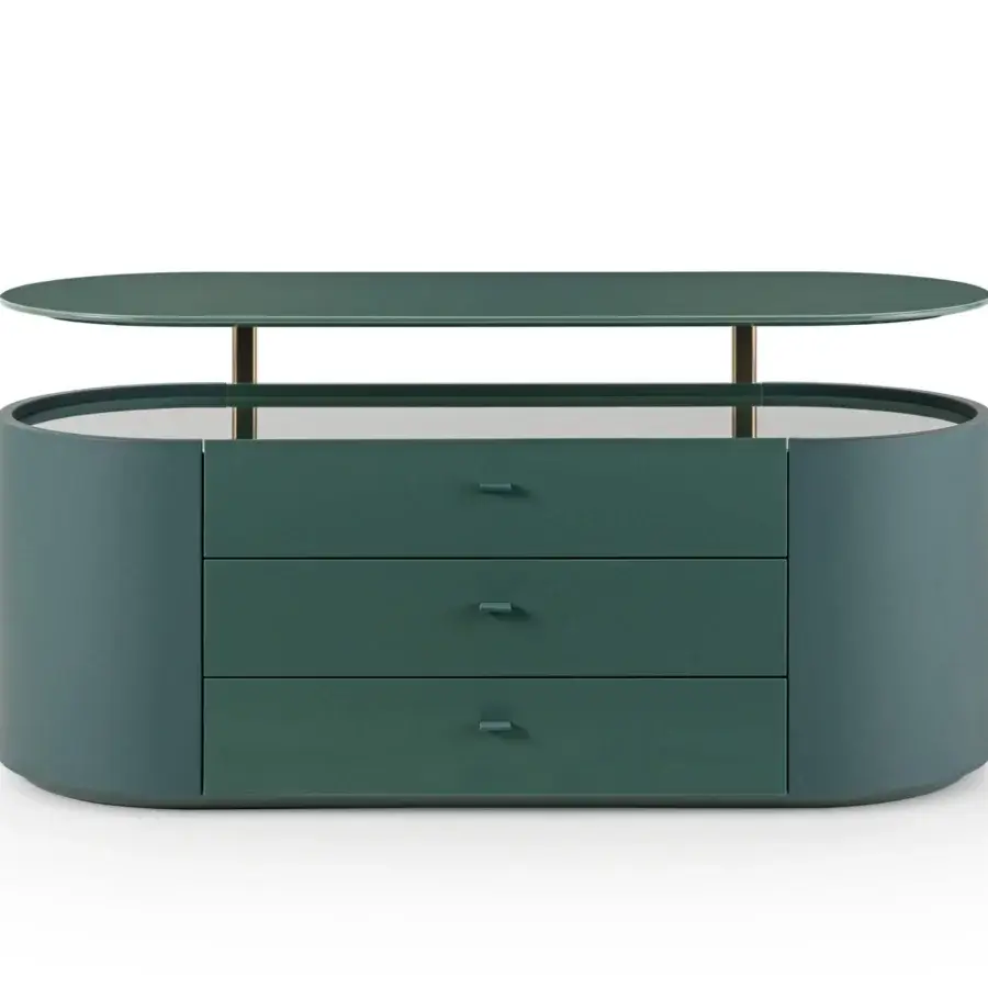 Elegant Turri Roma dresser in teal lacquer with reflective backing and champagne gold metal supports