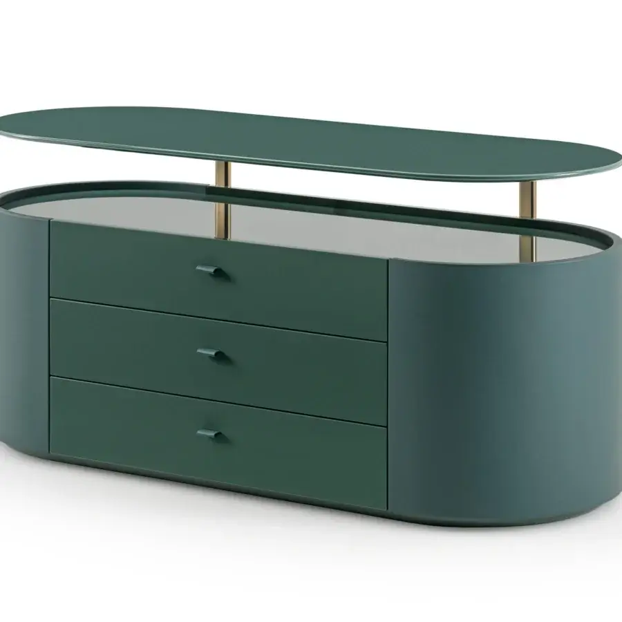 Distinguished Turri Roma dresser crafted in dark green lacquered wood with curved leather sides and champagne gold metal posts
