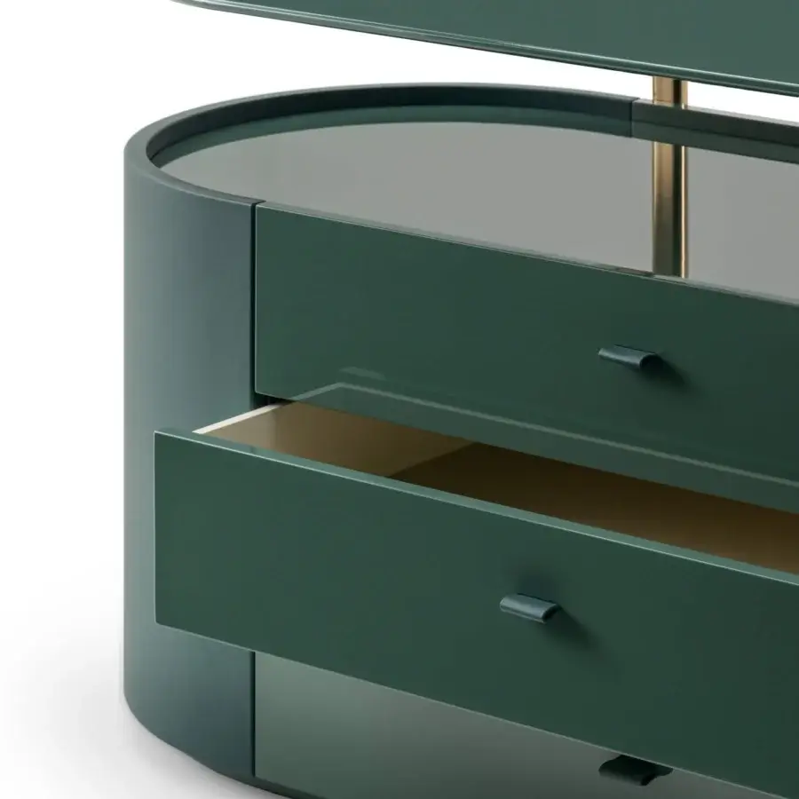 Superior Turri Roma dresser in dark green glossy lacquer with curved sides and champagne gold metal detail