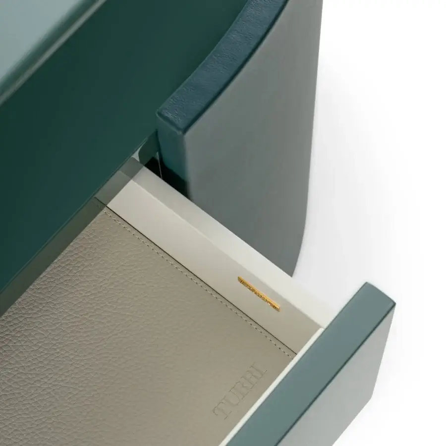 Exquisite Turri Roma dresser in glossy lacquered teal with curved leather sides and champagne gold details