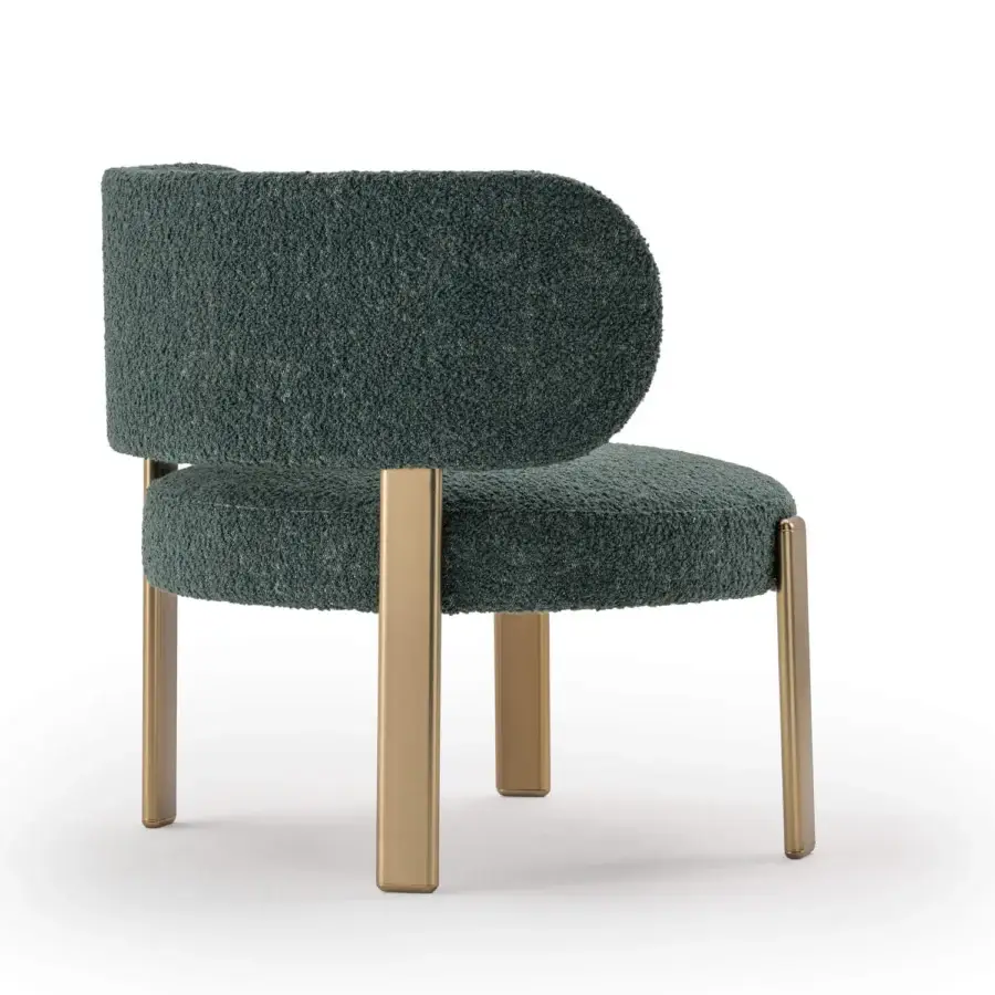 Lavish Turri Roma lounge chair with dark green textured textile upholstery and sleek matte gold metal legs