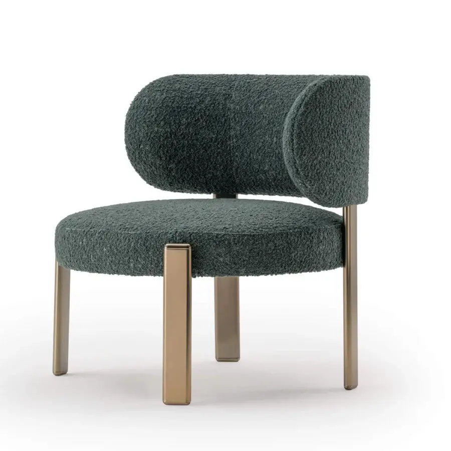 Distinguished Turri Roma lounge chair with dark textured textile upholstery and gleaming golden metal legs