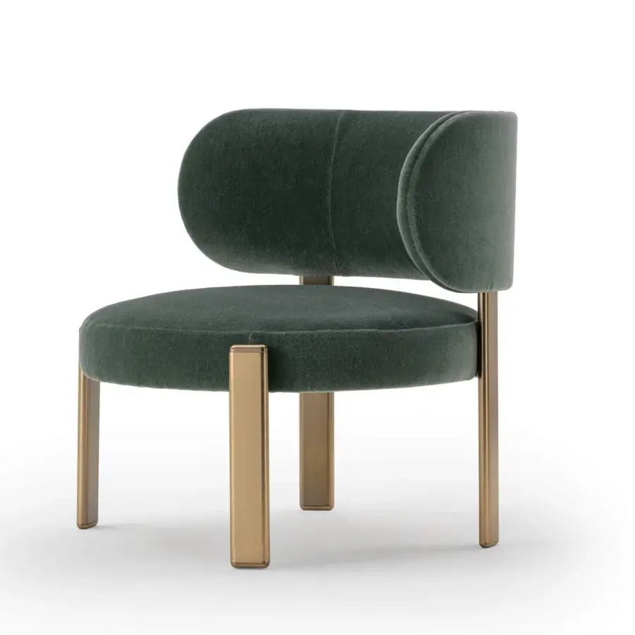 Exceptional Turri Roma lounge chair with sumptuous dark green velvety textile upholstery and golden-toned matte metal legs