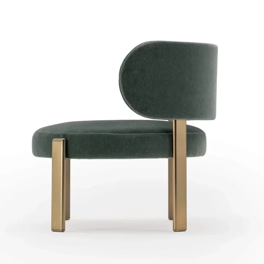 Superior Turri Roma lounge chair with dark green textile upholstery and golden metal legs crafted with a matte finish