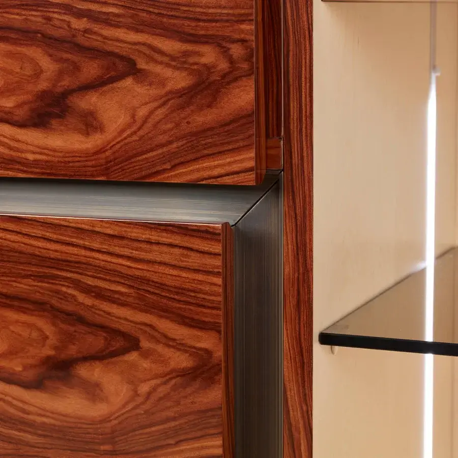 Exceptional Bellavista Golden Bridge sideboard built with exotic wood veneer and maple, showcasing bronzed metallic accents with a glossy finish