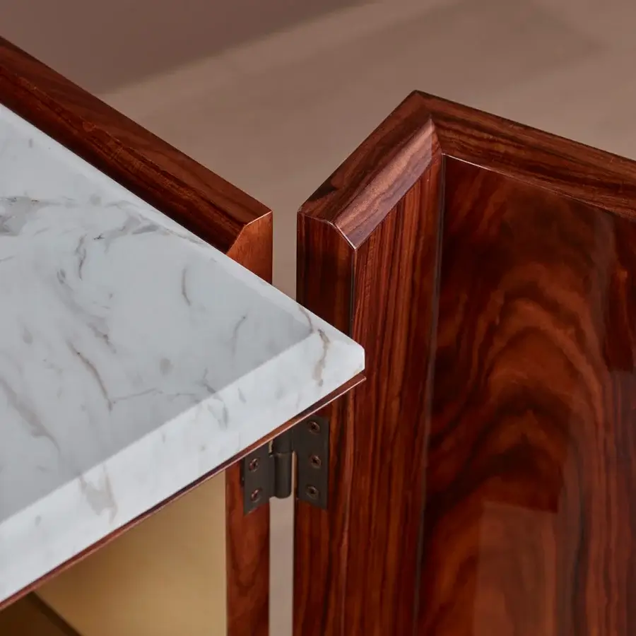 Superior Bellavista Golden Bridge sideboard crafted with reddish-brown wood veneer, maple, and a lustrous brass base