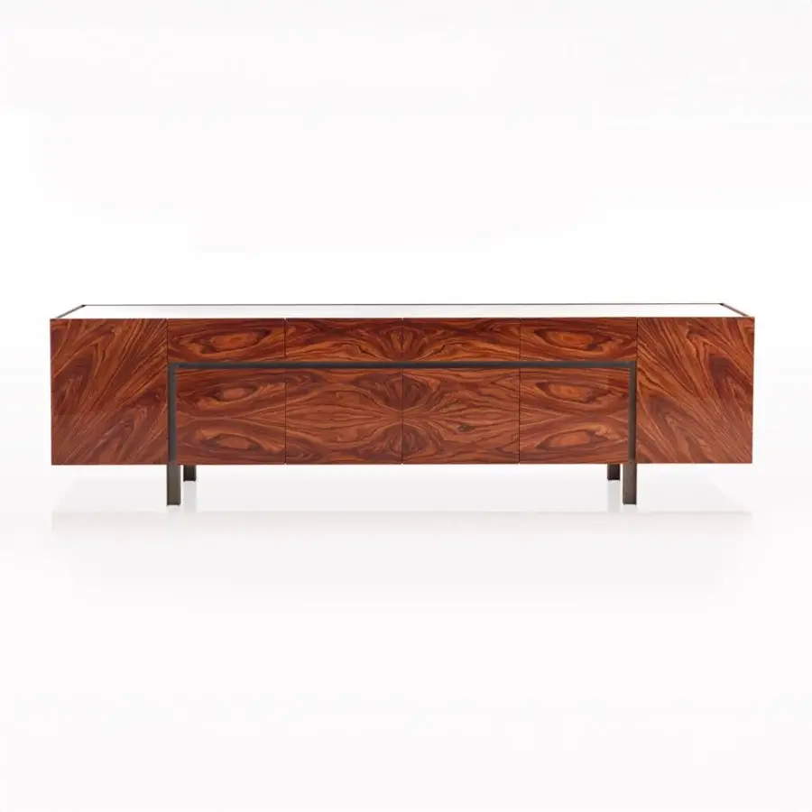 Distinguished Bellavista Golden Bridge sideboard built with European wood veneer, natural maple, and a brass base with glossy finish