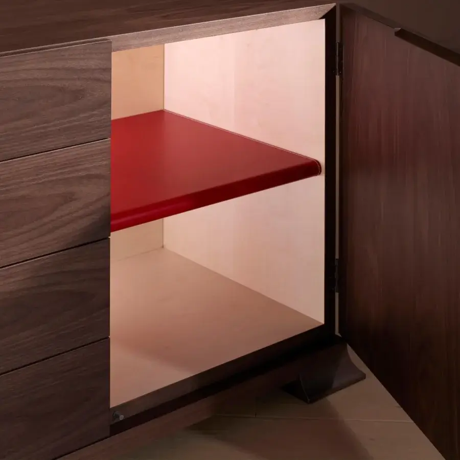 Superior Bellavista London sideboard built with oak veneer and a lustrous dark lacquer finish, showcasing a maple interior with red leather detailing