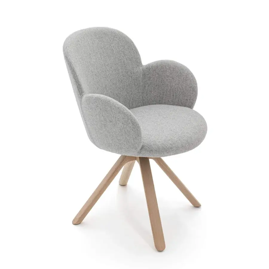 Distinguished Moroso Tulp armchair with soft lines and a shell crafted in polyurethane upholstered with matte gray fabric and ash wood legs