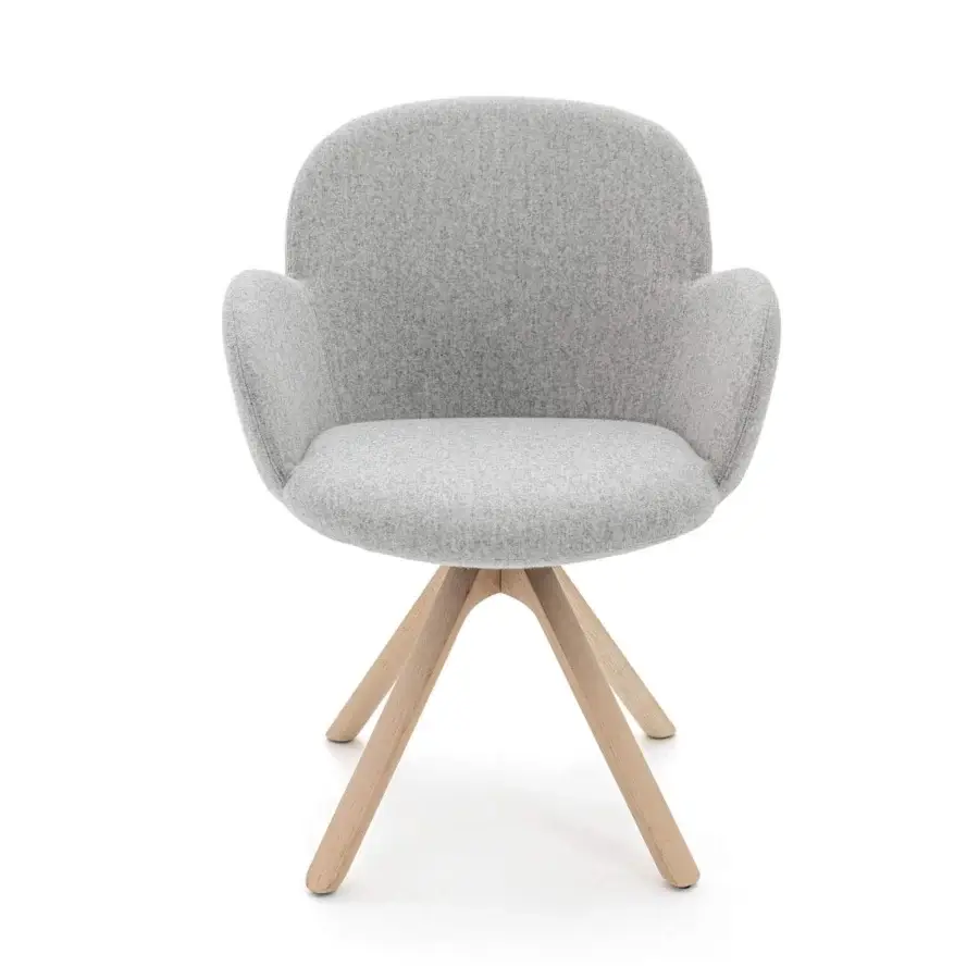 Elegant Moroso Tulp armchair with soft light gray upholstery and FSC Certified ash wood legs crafted with a steel frame