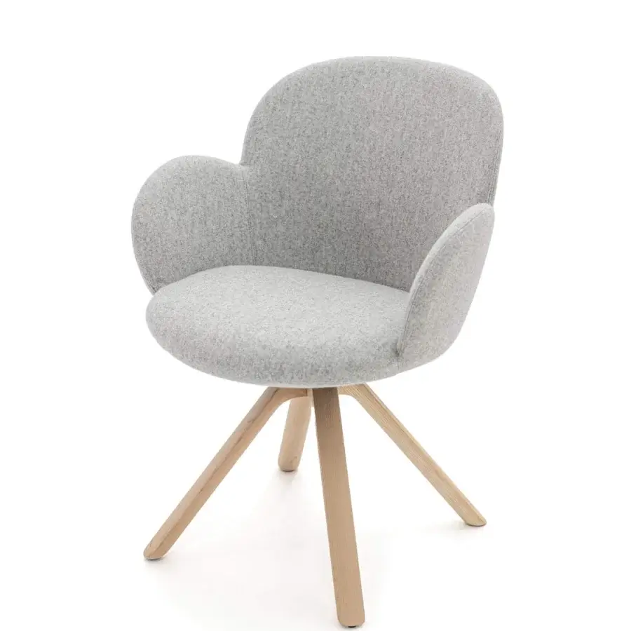 Refined Moroso Tulp armchair with light gray fabric upholstery and light-toned ash wood legs crafted with a steel frame