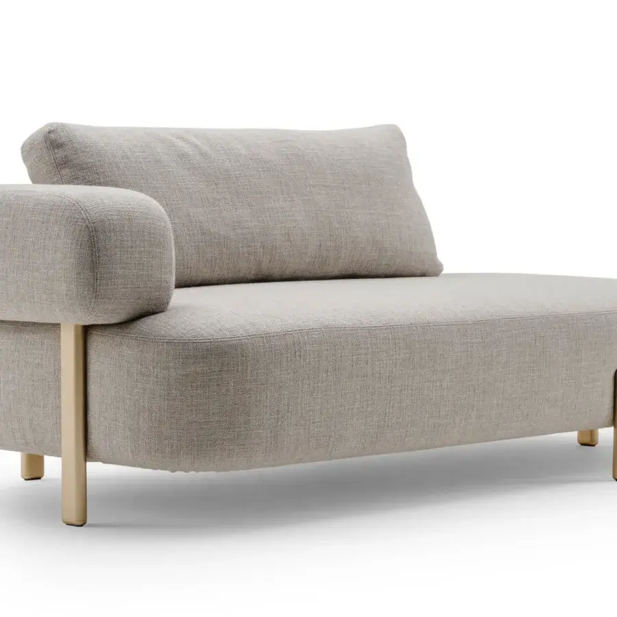 Superior Turri Roma chaise lounge upholstered in light gray textile with muted gold metal feet