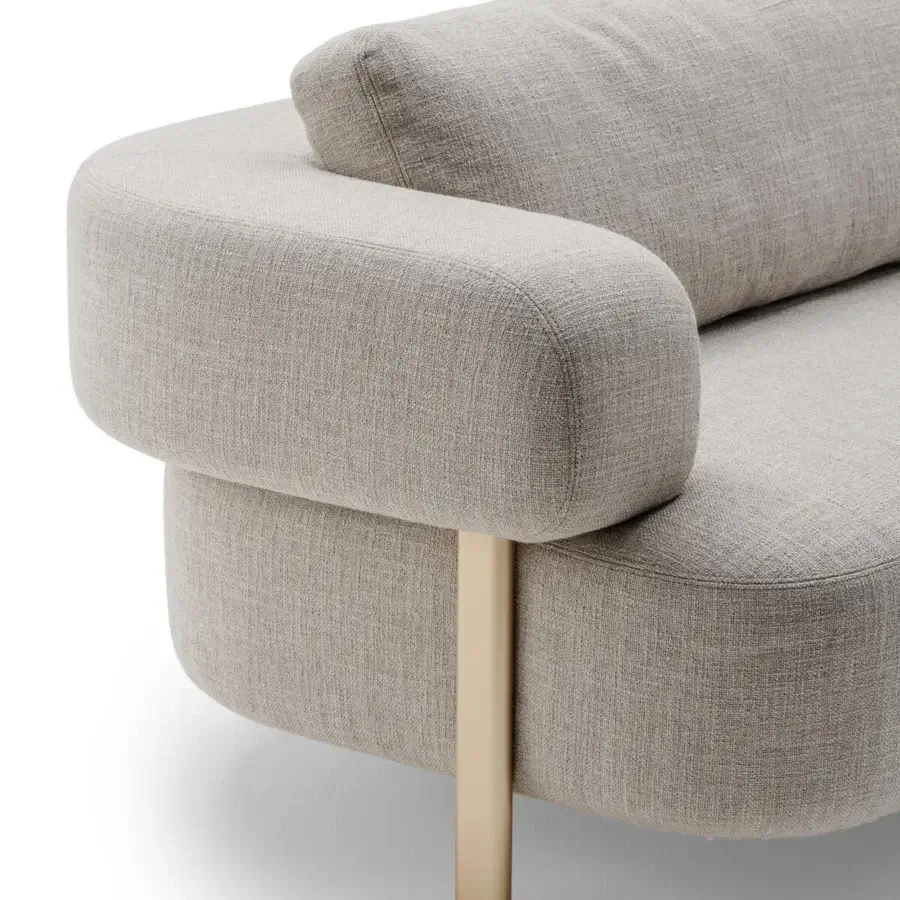Lavish Turri Roma chaise lounge with light gray fabric upholstery and champagne gold finished metal leg