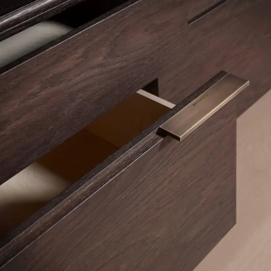 Distinguished Bellavista Madison sideboard crafted from oak with a dark brown finish and brass accents, featuring maple interiors