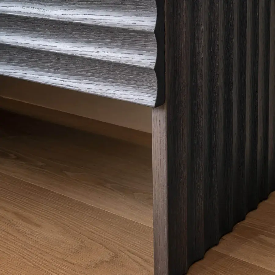 Distinguished Moroso Rows cupboard with oak veneer exhibiting dark brown staining and ridged decorative elements crafted in Italy
