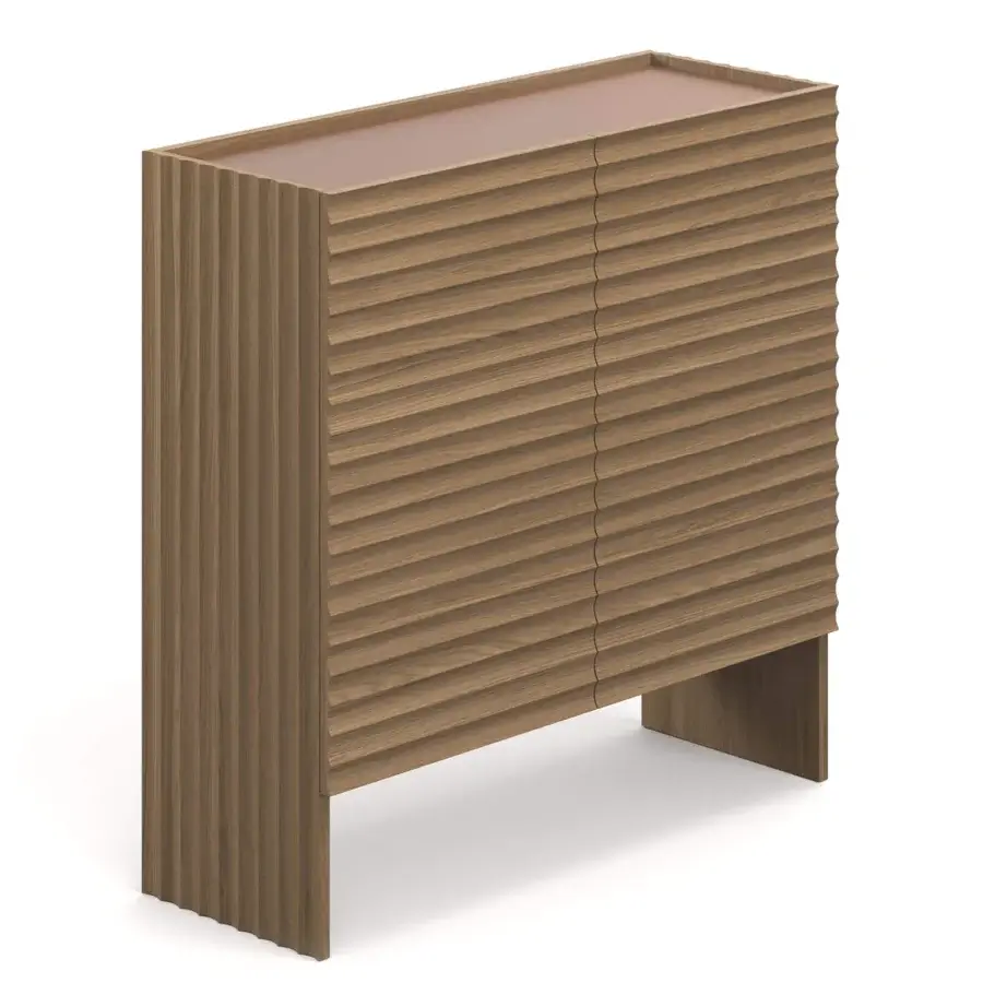 Elegant Moroso Rows cupboard crafted in Italy with medium brown oak veneer exhibiting horizontal grooves