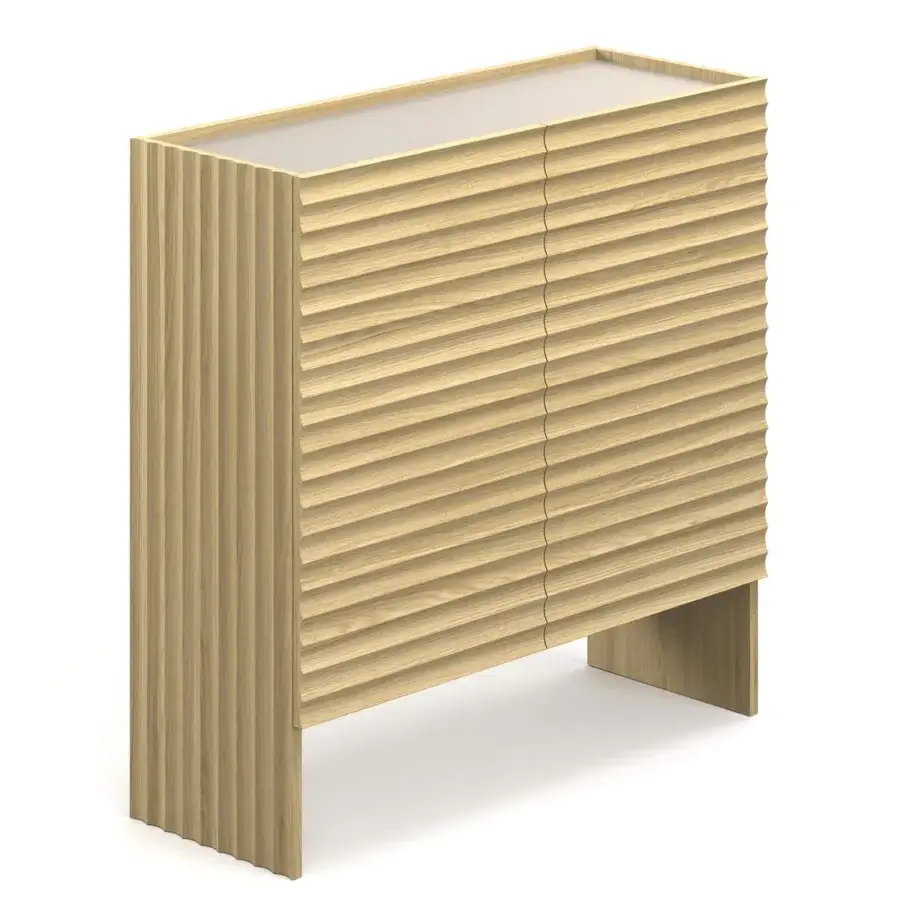 Superior Moroso Rows cupboard with linear forms and horizontally grooved oak veneer in a light tan finish